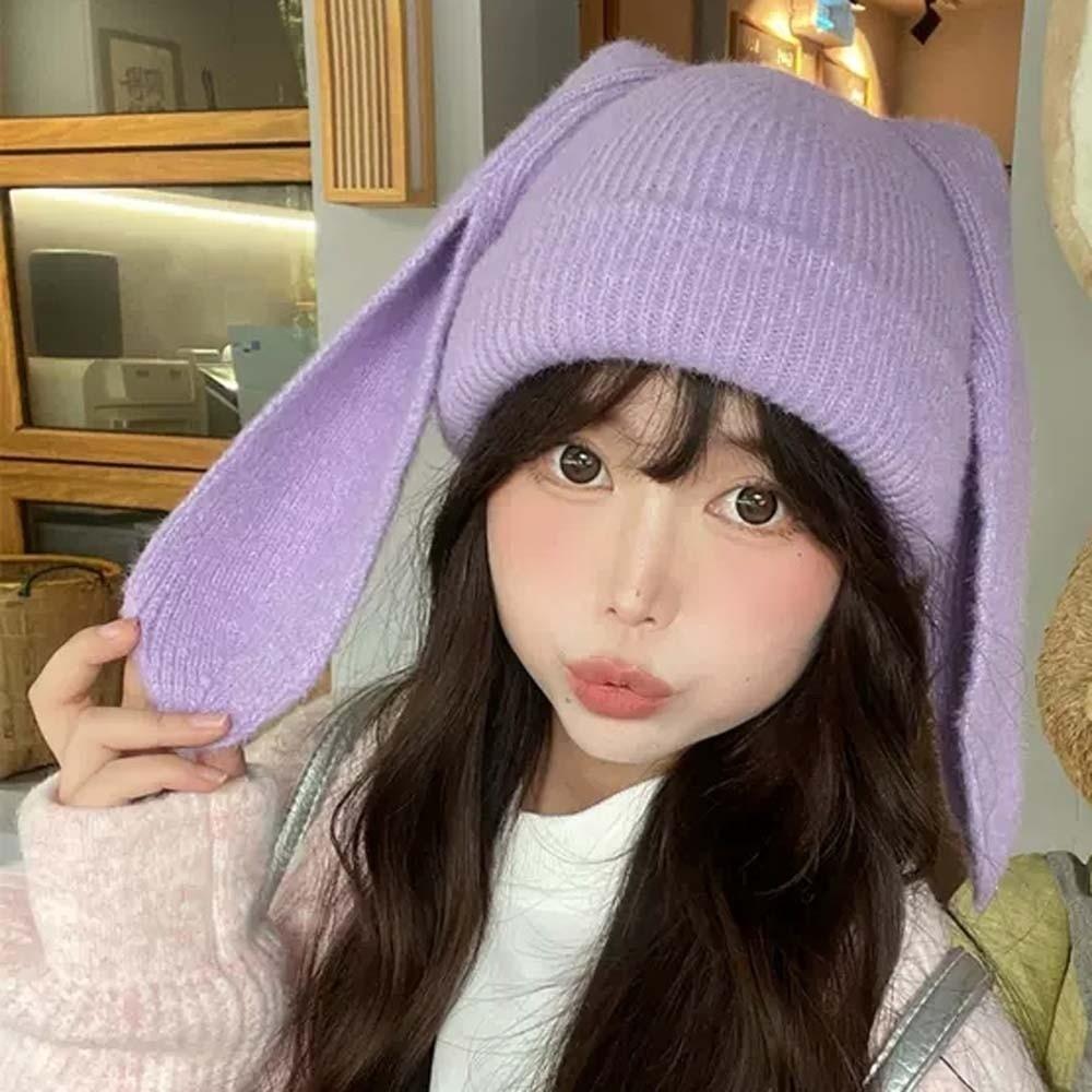 Trendy Rabbit Ears Cap Elastic Brimless Beanie Hat Versatile Solid Color Knitted Hat  Gifts