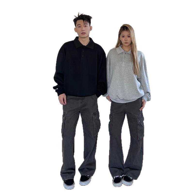 Mens Gray Baggy Cargo Jeans American Vibe Straight Leg Wide Pants