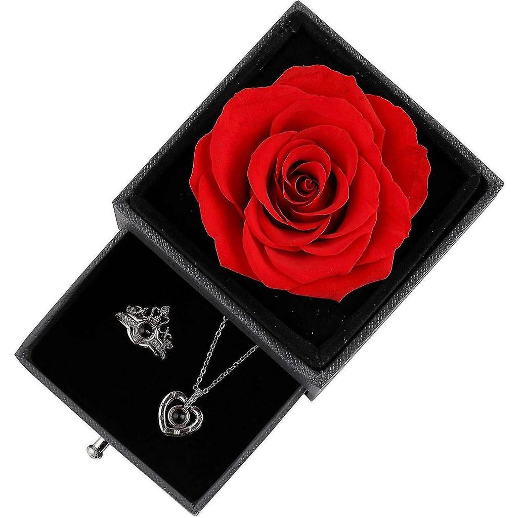 Preserved Real Rose Gift Box Enchanted Real Rose With I Love You Necklace 100 Languages Gift , Eternal Rose Flower Handmade Preserved Real Rose Gift C