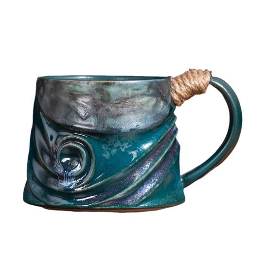 Handmade Ceramic Mug 320ml Vintage Tea Coffee Cup with Rattan Handle Creative Spiral Design Gradient Glaze Drinkware Home Decor Gifts