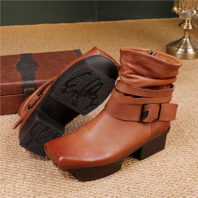 Johnature Cowhide Women's Short Boots Genuine Leather Versatile Mid Heel Square Toe Boots