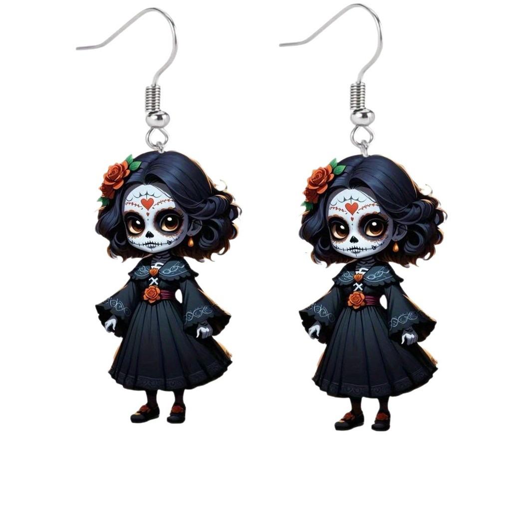 Halloween Themed Black Skull Rose Girl Four Pattern Women Earrings Acrylic