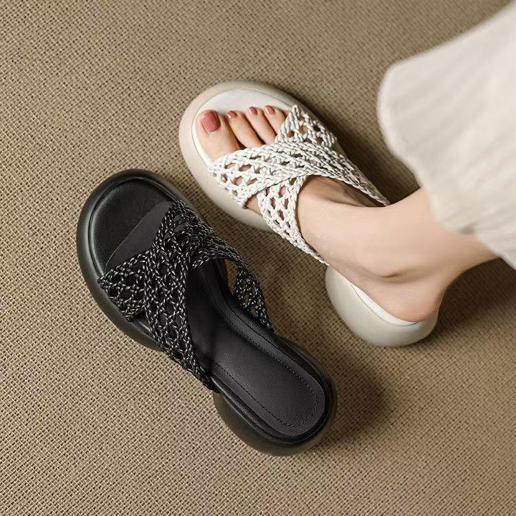 Stepping On Shit Open-toed Sandals Platform Slippers Women's Outer Wear Hollow One-word Drag 2025 Summer Women's Shoes Woven High Heels
