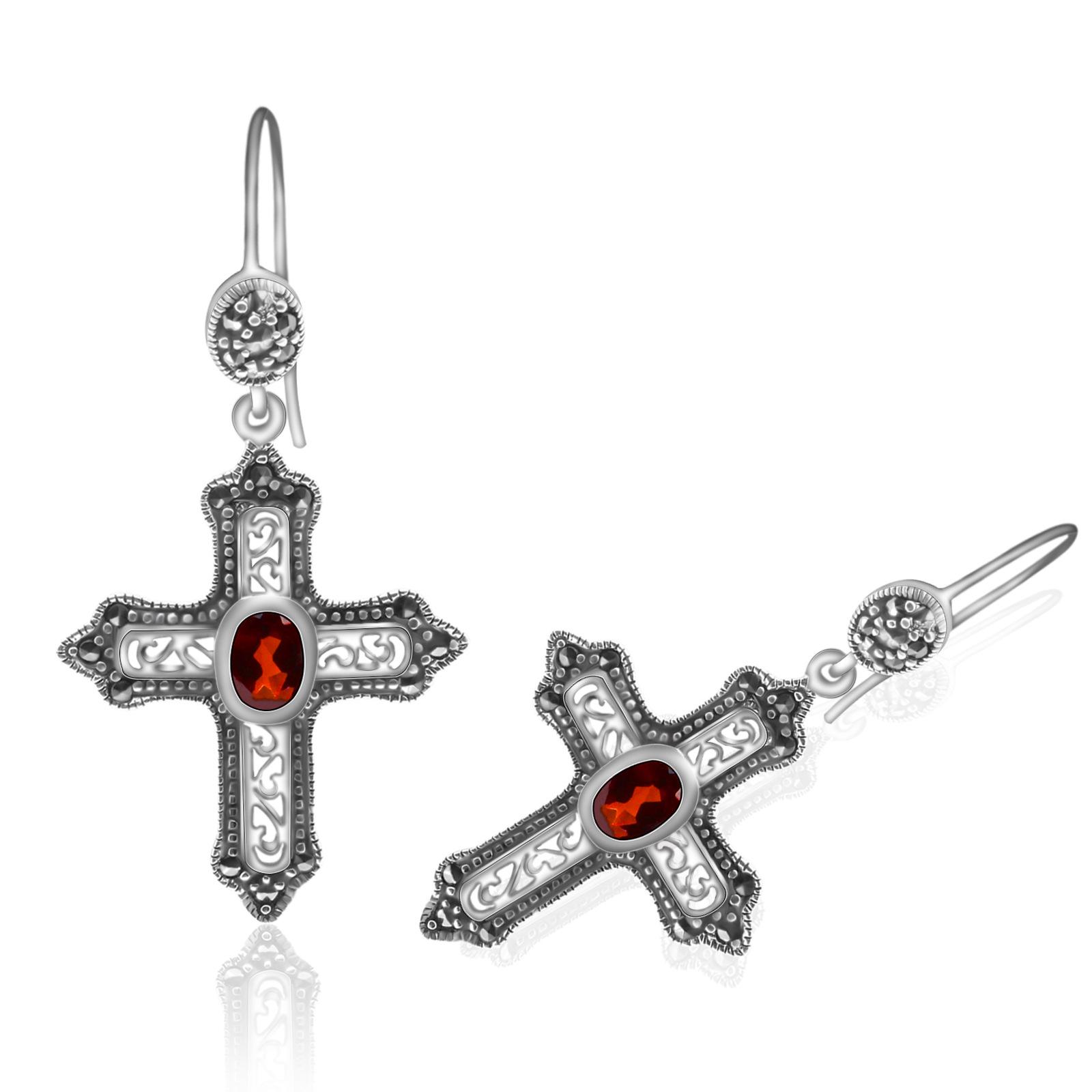 

Тайські сережки-хрестики зі стерлінгового срібла S925 із синтетичним червоним гранатом - Гіпоалергенні, Символізують Чистоту та Удачу червоний