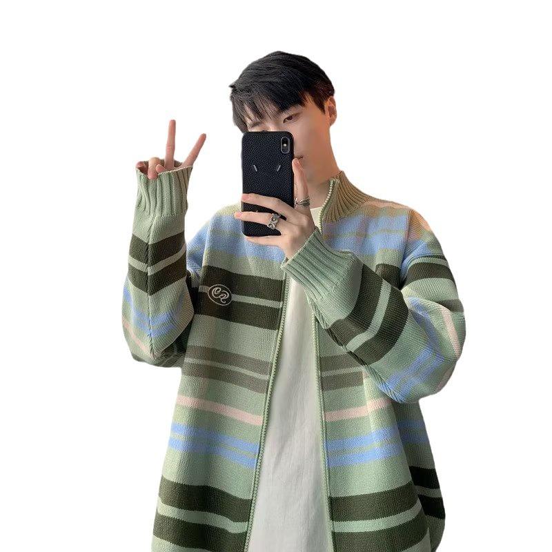 Striped stand-up neck cardigan sweater men's and women's trendy brand couple's knitted sweater loose autumn and winter lazy coat