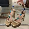 Fashion Design Colour Gem Ankle Strap Women Chunky Platform Sandals Summer Square Toe Super High Heels Wedding Prom Shoes