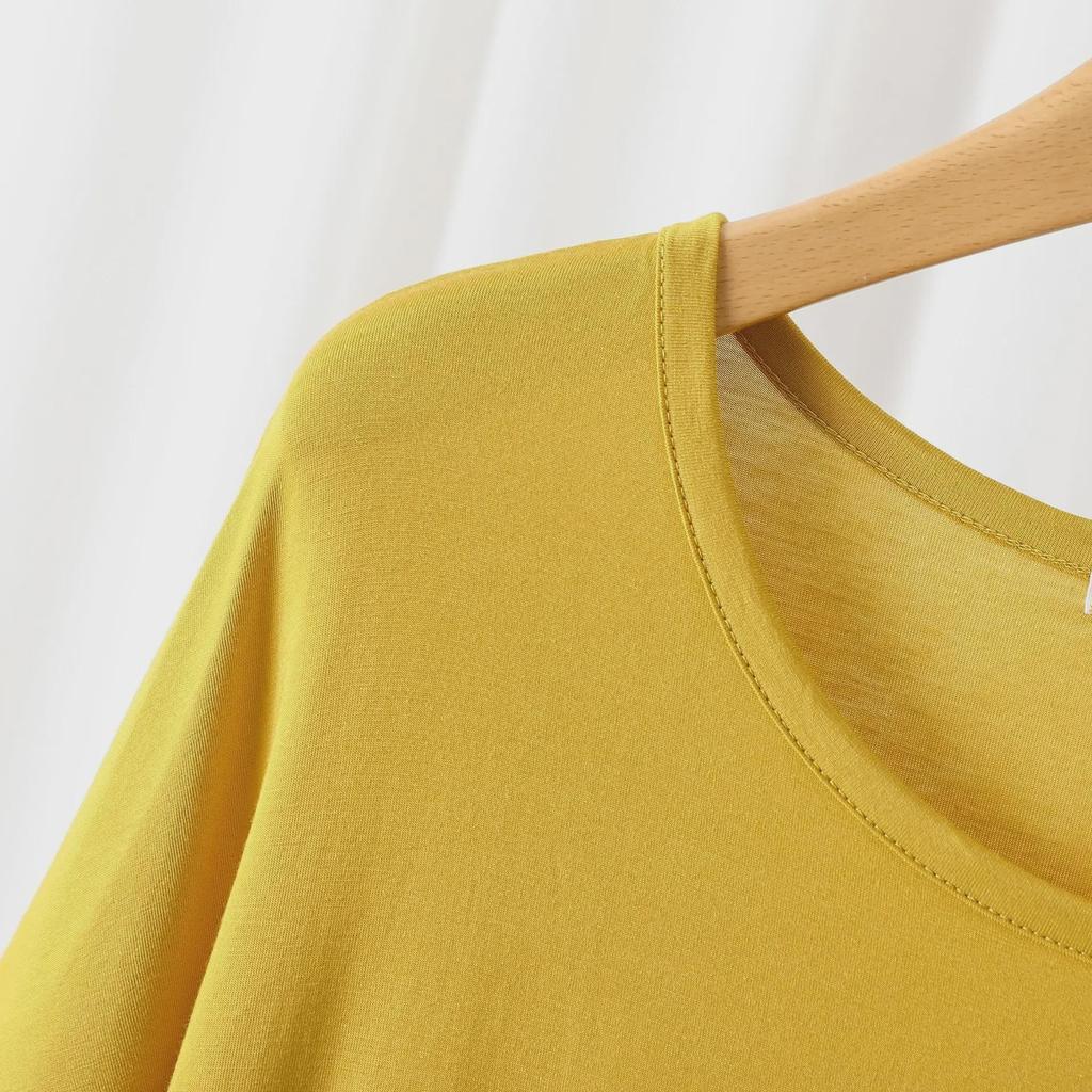Sommar Lös Passform Modal T-shirt: Kort fram, lång bak, Plusstorlek Fladdermusärm