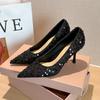Neue schwarze Pailletten Stiletto-Spitzhohe Absätze Temperament Retro Einzelne Schuhe Damen Breite Füße