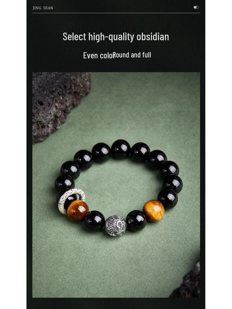 Min Yue S925 Sterlingsilber Sicherheitsverschluss Herren Obsidian & Goldener Tigerauge Perlen Retro Armband - Hochwertiges Geschenk für Freund