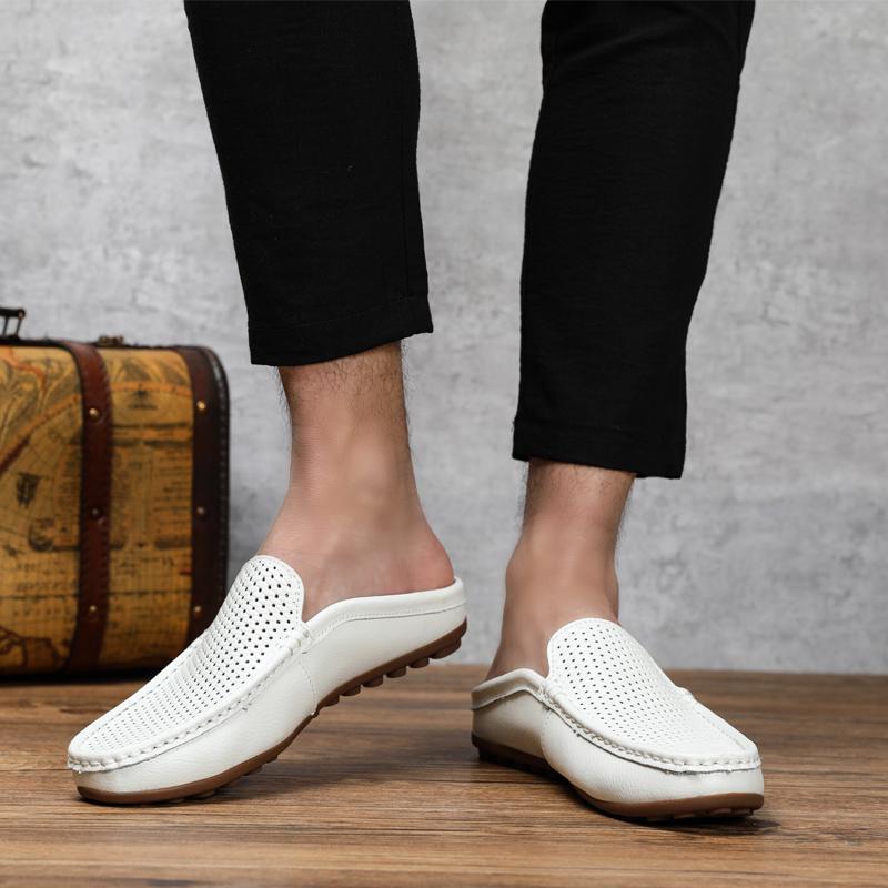 Fashion2024 Fashion Half Drag Loafers Men Casual Leather Driving Shoes Classic Mesh Summer Slippers Breathable Light Leisure Walk Flats