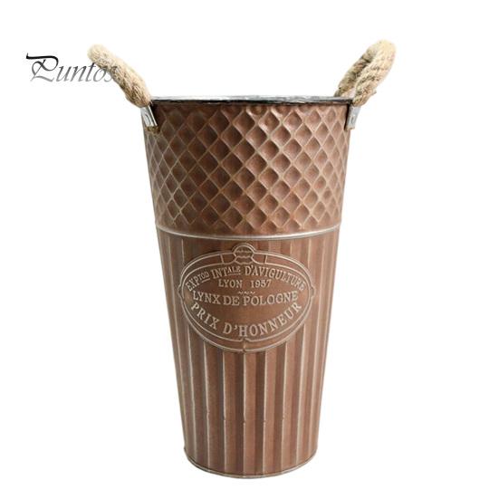 Retro Style Metal Flower Pot Vintage Buckets, Rustic Vases with Handles, Floral Containers, Wide Balcony Arrangement Holder Mouth Plant Display
