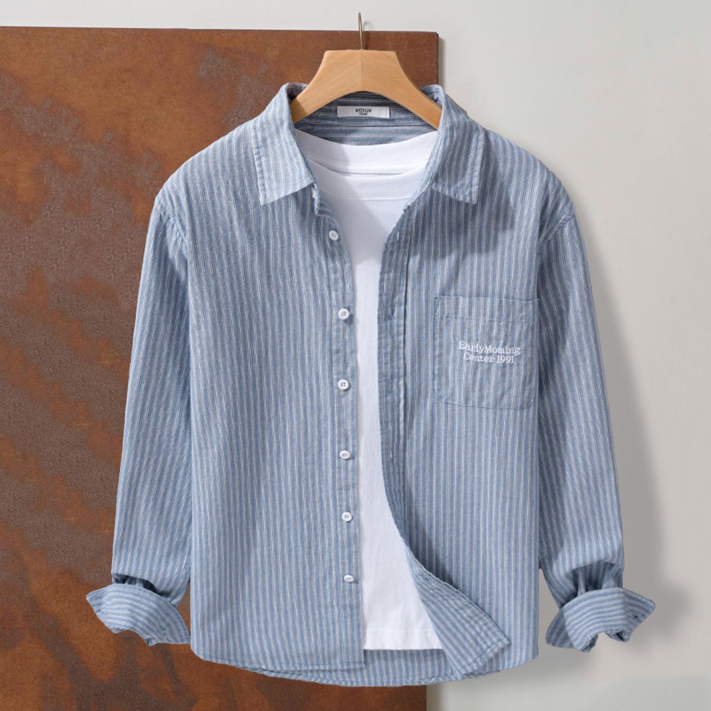 

Men s Striped Long-Sleeve Shirt - Japanese Style, Relaxed Fit for Spring & Autumn L синій/сірий колір