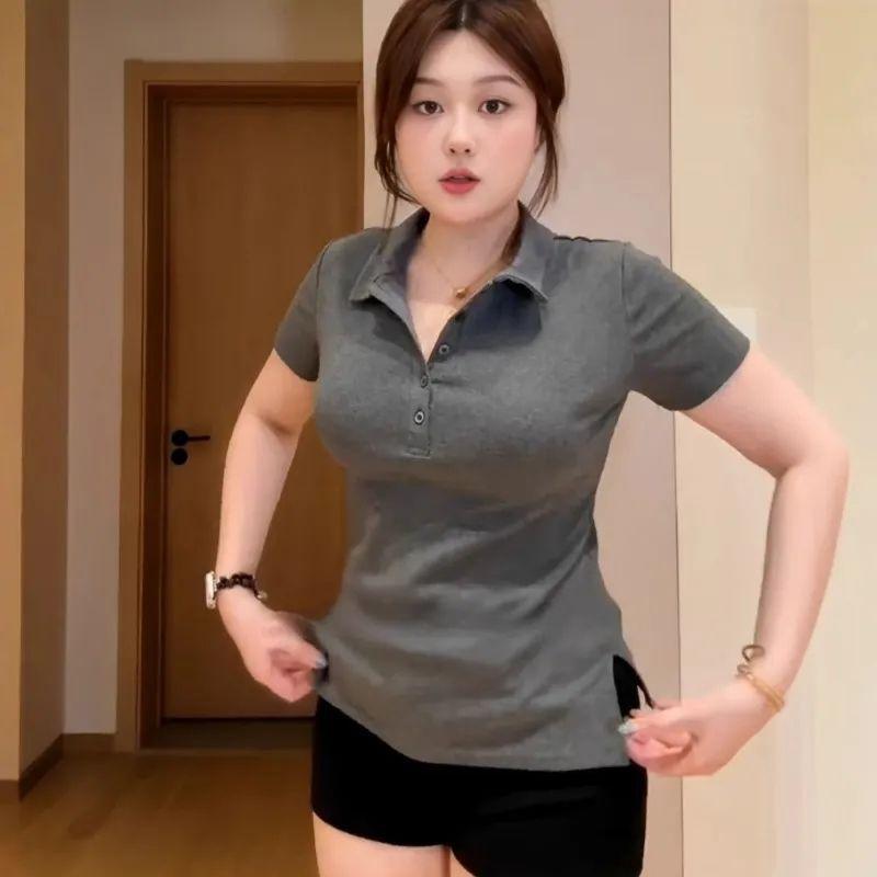 Plus Size Slim Fit Polo Shirt for Women, Side Slit Curved Hem Short Sleeve Collared Top s