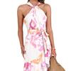 Spring and Summer New European and American Printed Sleeveless Temperament Elegant Printed Split-ended Strap Dress Women