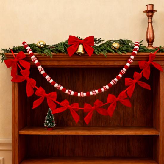 Christmas Velvet Bow Garland Decoration Pre-Strung Red White Ball Ornament Home Office Living Room Bedroom Xmas Tree Mantel Fireplace Shelf