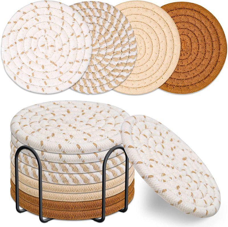 8Pcs Drink Coasters With Holder, 4 Colors Absorbent Coasters For Drinks, Heat-Resistant Cotton Woven Coaster Set For Home Decor