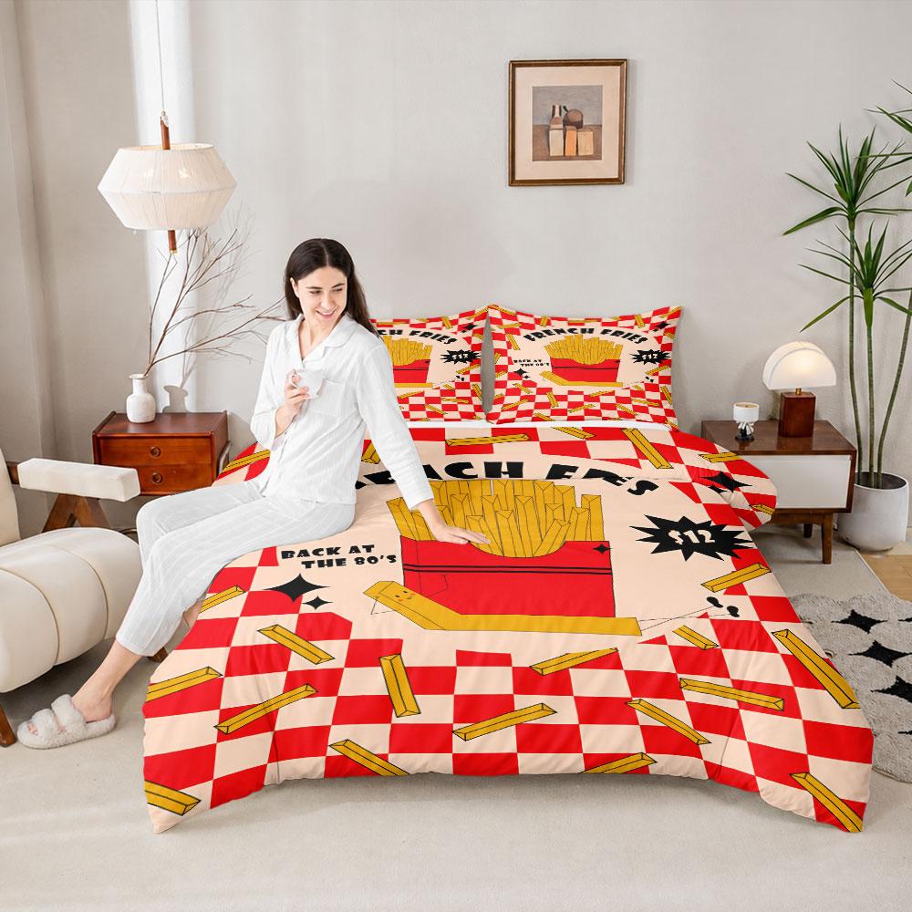 Artistic French Fries Retro Diner Red Bedding Set, Fashion Duvet Cover for Stylish Bedroom, Soft Cotton Feel Duvet Cover