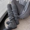 Women's Y2K Knitted Leg Warmers - Gray & Black Mid-Calf Slouch Socks with Vertical Stripes for Autumn/Winter
