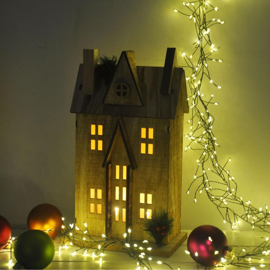 Nordic Style Aged Solid Wood LED Christmas House Ornament, 30CM High
