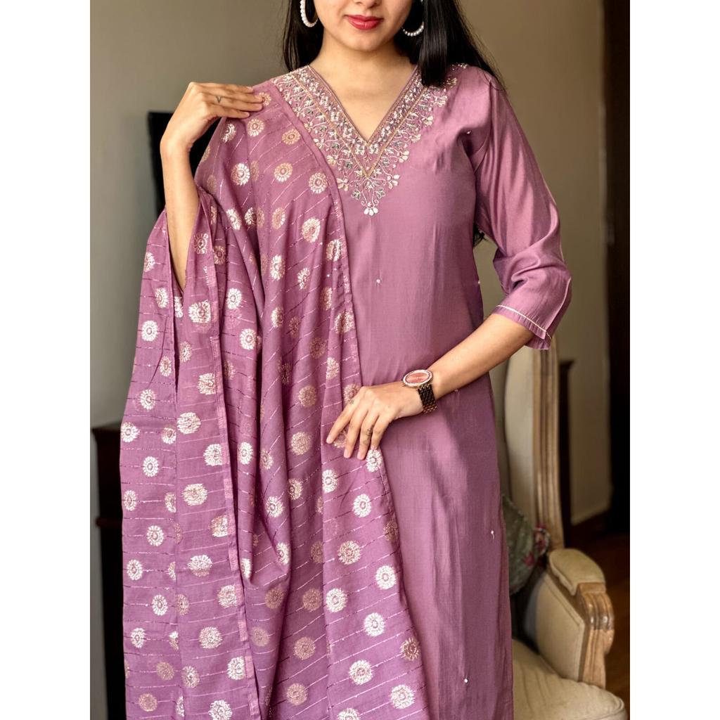 Indian Viscose Chanderi Kurta Pant Set Women Wedding Wear Top Tunic Kurti Set VDS-1697