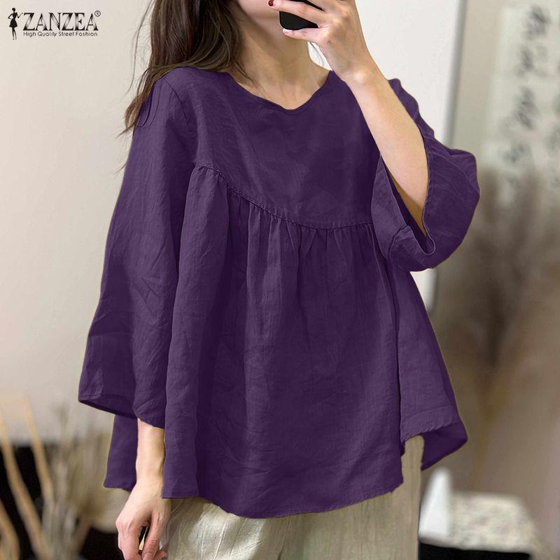 ZANZEA Women Casual Round Neck Solid Color 3/4 Sleeve Loose Blouse