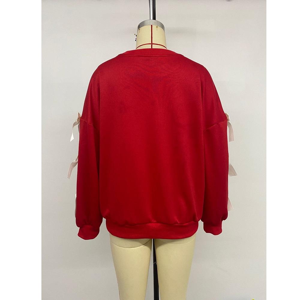 Damskie Jesienno-Zimowe Słodkie Bluzki z Okrągłym Dekoltem i Długim Rękawem, Ozdobione Kokardą, Czerwone Świąteczne Bluzy Top