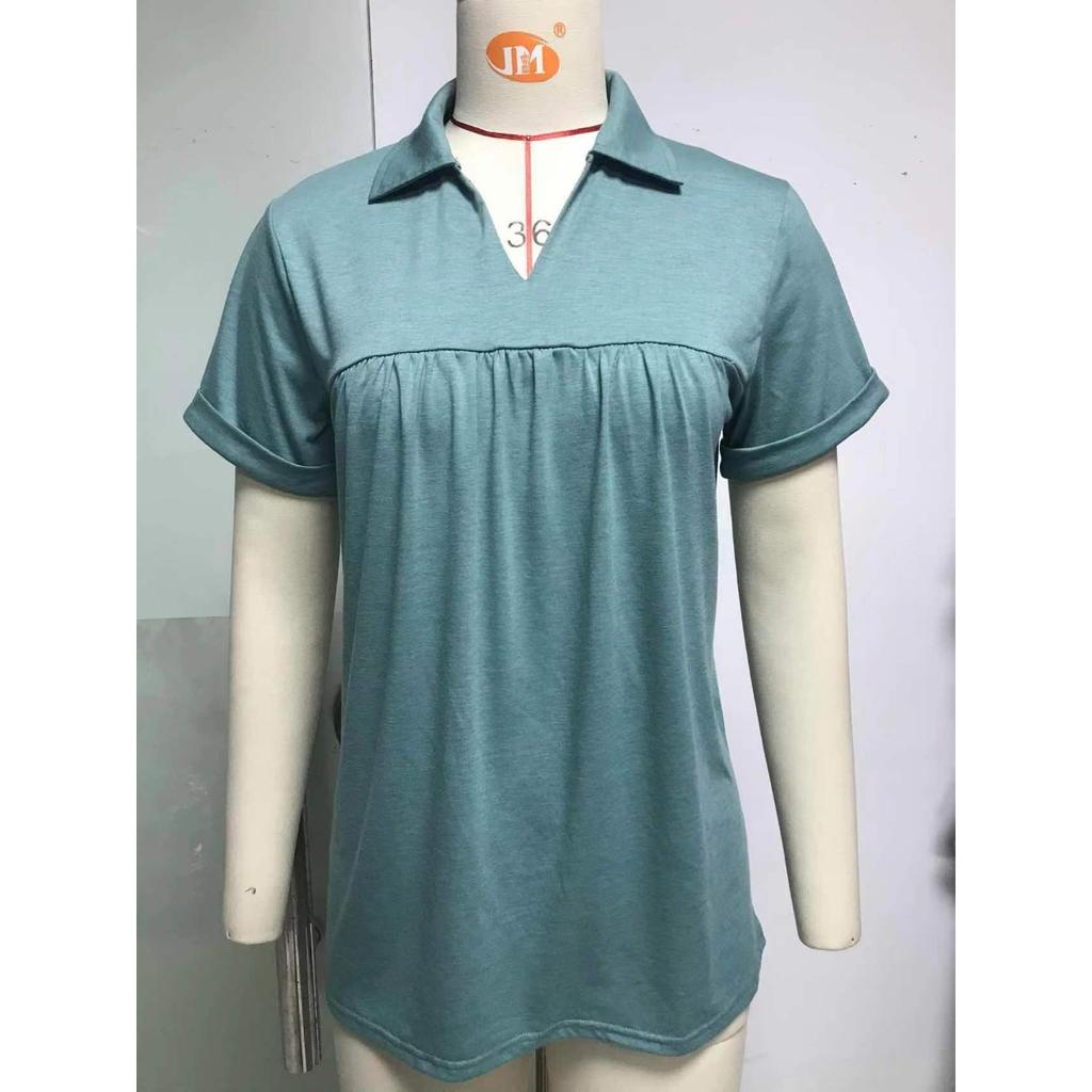 Summer Women's Solid Color Pleated Loose Short-sleeve Polo T-shirt Top, Cross-border European American Casual Apparel In Stock