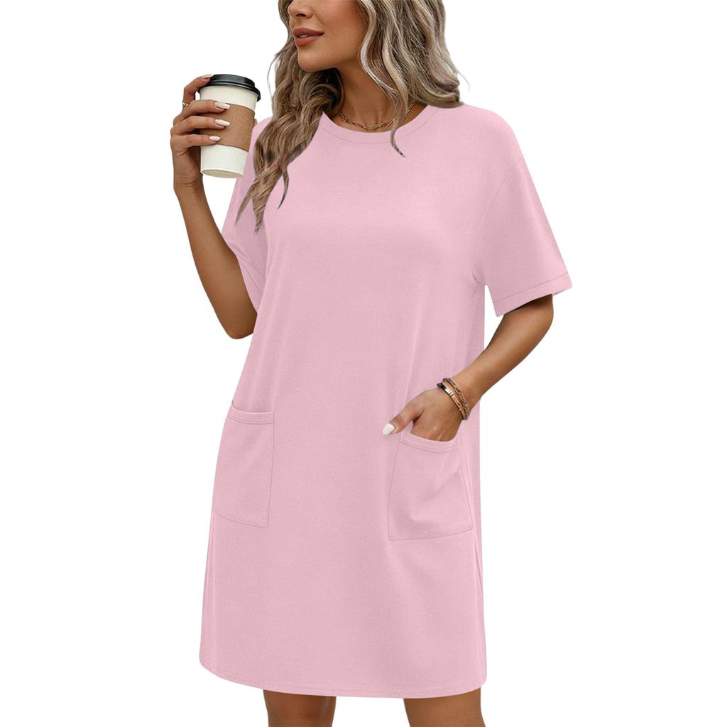 Women's Fashionable Loose-Fit Short-Sleeve Pocketed Loungewear Casual Dress