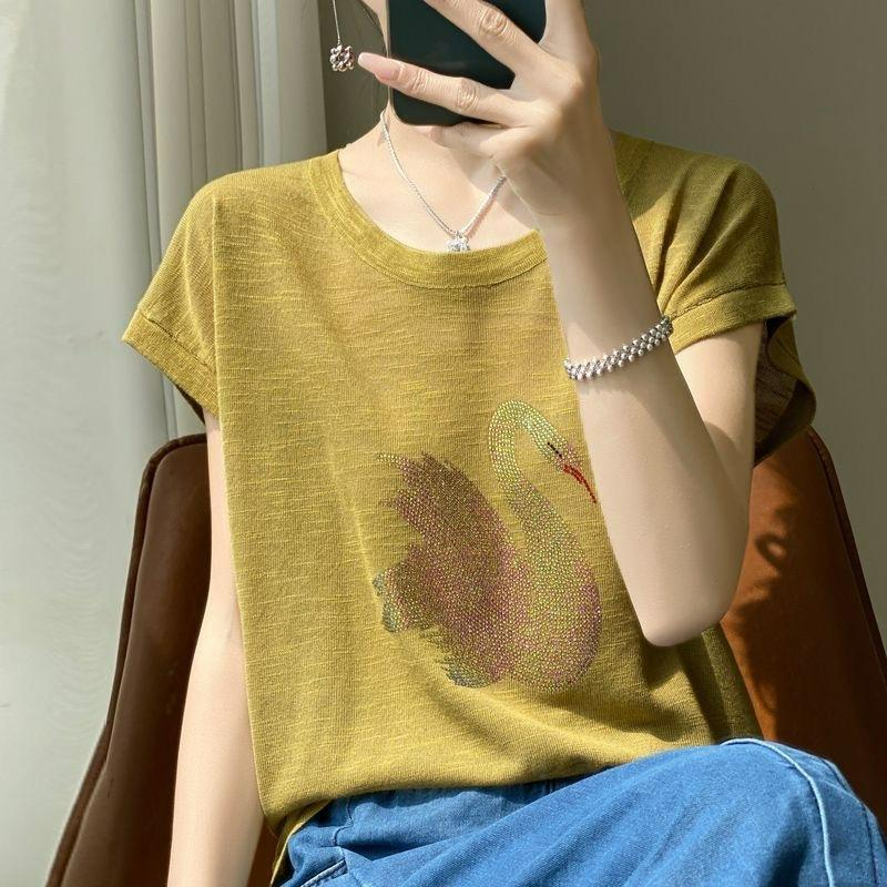 Cool Bamboo Short-sleeved Women's T-shirt Little Swan Hot Diamond Ice Silk Round Neck Bottoming Ladies Top