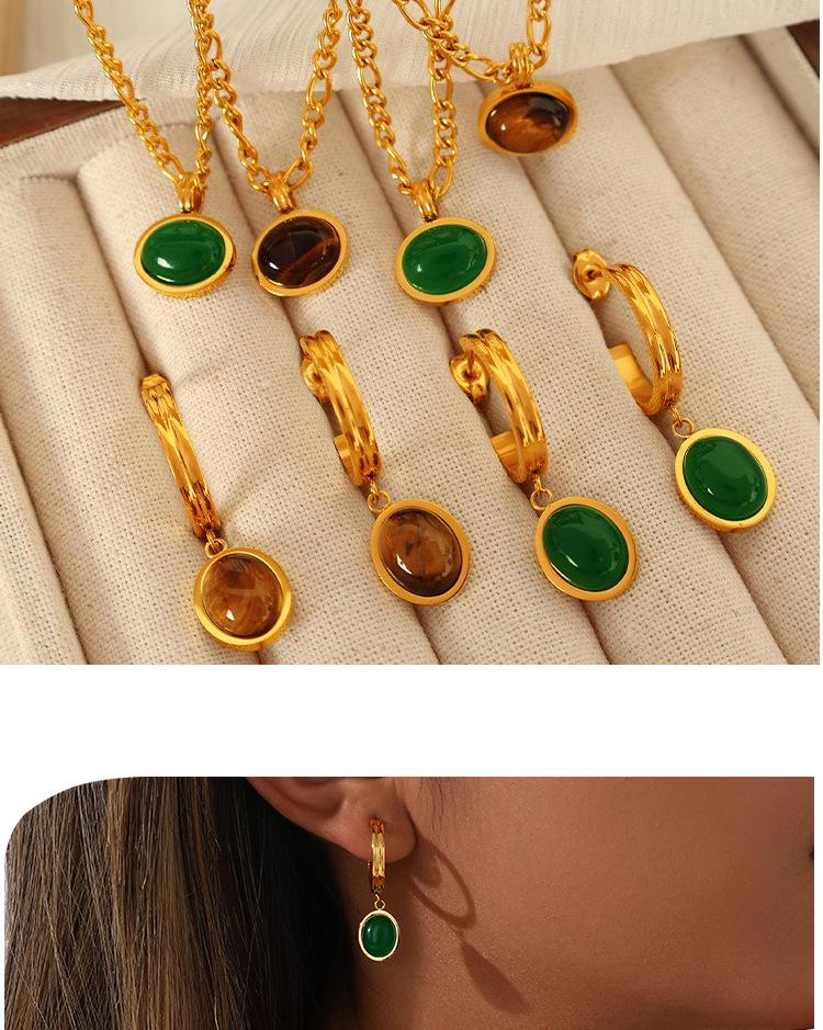 18K Gold Tiger Eye Oval Necklace & Earrings Set - Elegant French Clavicle Jewelry for Women