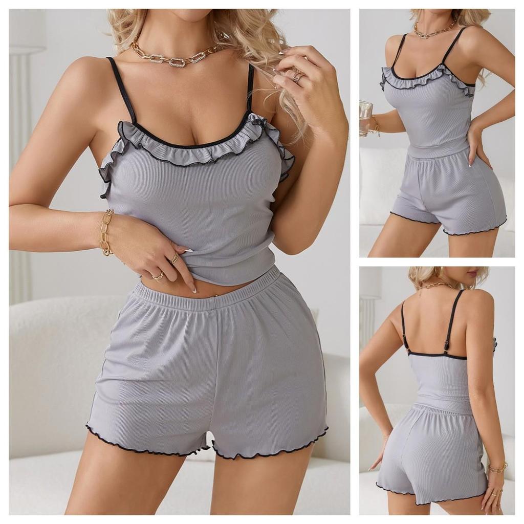 Ribbed Ruffle Camisole & Shorts Set - Women's Casual Homewear