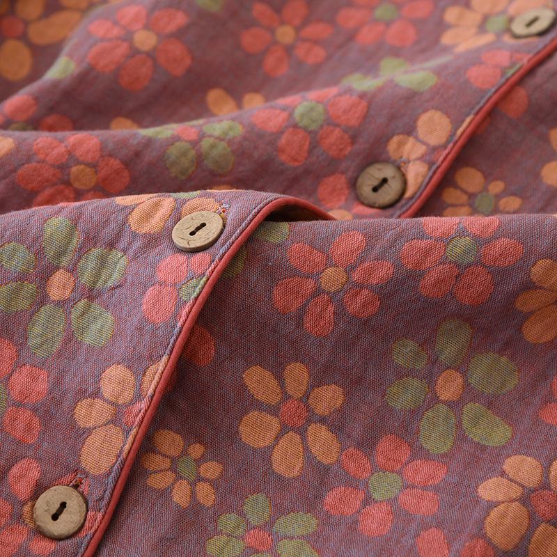 Pijamale de damă cu imprimeu floral etnic - Mânecă lungă, Bumbac pur, Gaze dublu strat, pentru Primăvară și Toamnă - Perfecte pentru femei de vârstă mijlocie și vârstnice.