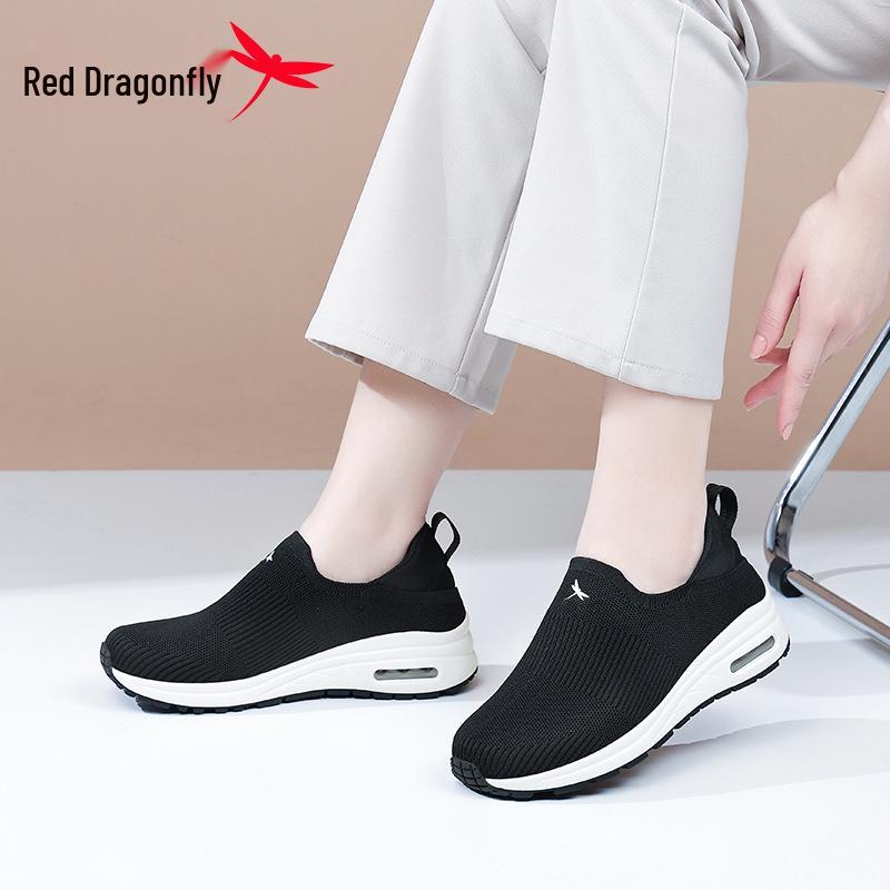 Red Dragonfly Women's Summer Fly-Knit Slip-On Walking Shoes with Thick Soles and Air Cushion Mesh Design.