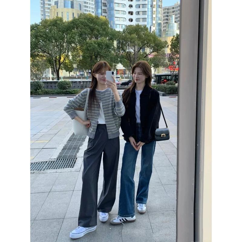 Contrasting striped sweater jacket women's autumn and winter new retro lazy knitted top with cardigan