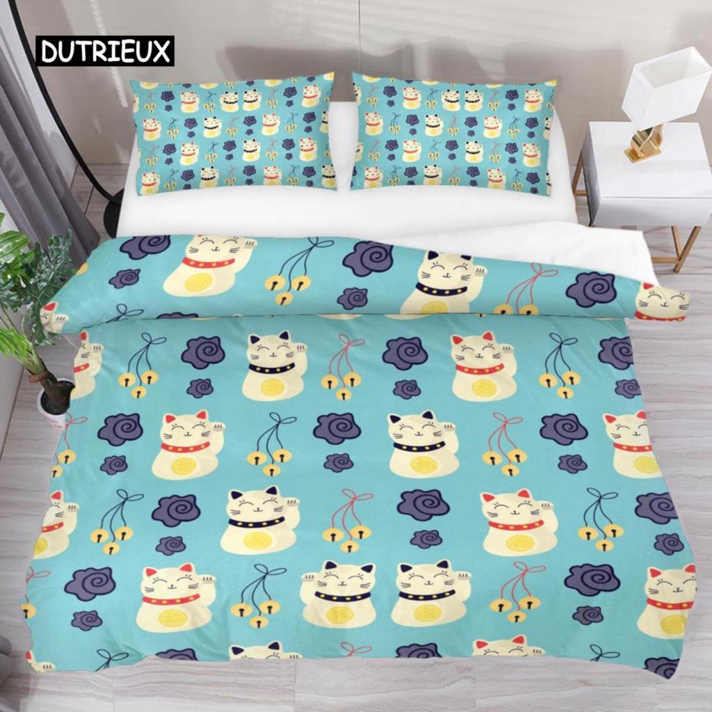Japanese Lucky Cat Duvet Cover Set Kawaii Cats Bedding Set for Kids Boys Girls Exotic Style Black White Kitten Comforter Cover