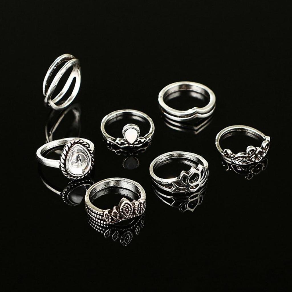 7 Pcs Vintage Women Hollow Carving Lotus Flower Waterdrop Knuckle Midi Rings Set