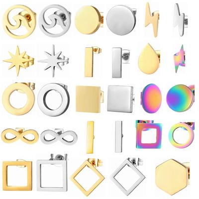 12 Pairs Simple Geometric Earrings Wholesale Round Square Star Lightning 8 Style Stainless Steel Stud Earrings Set Woman Zircon