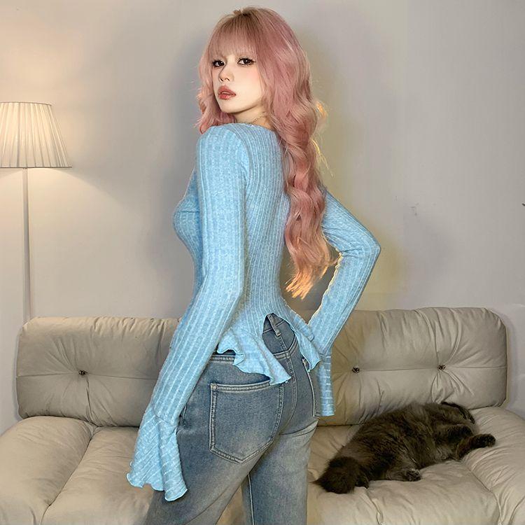 VAYLA Korean Style Sweet Hot Girl Sexy Flare Sleeve Cardigan Women's Solid Color V-neck Thin Slim Top Fashion Female Clothes