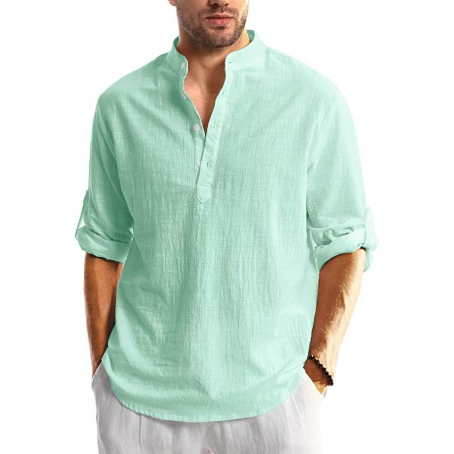 Spring Summer Men s Casual Cotton Blends Henley Shirt Summer Beach Pullover Long Sleeve Hawaiian Shirt Men S светло-зеленый