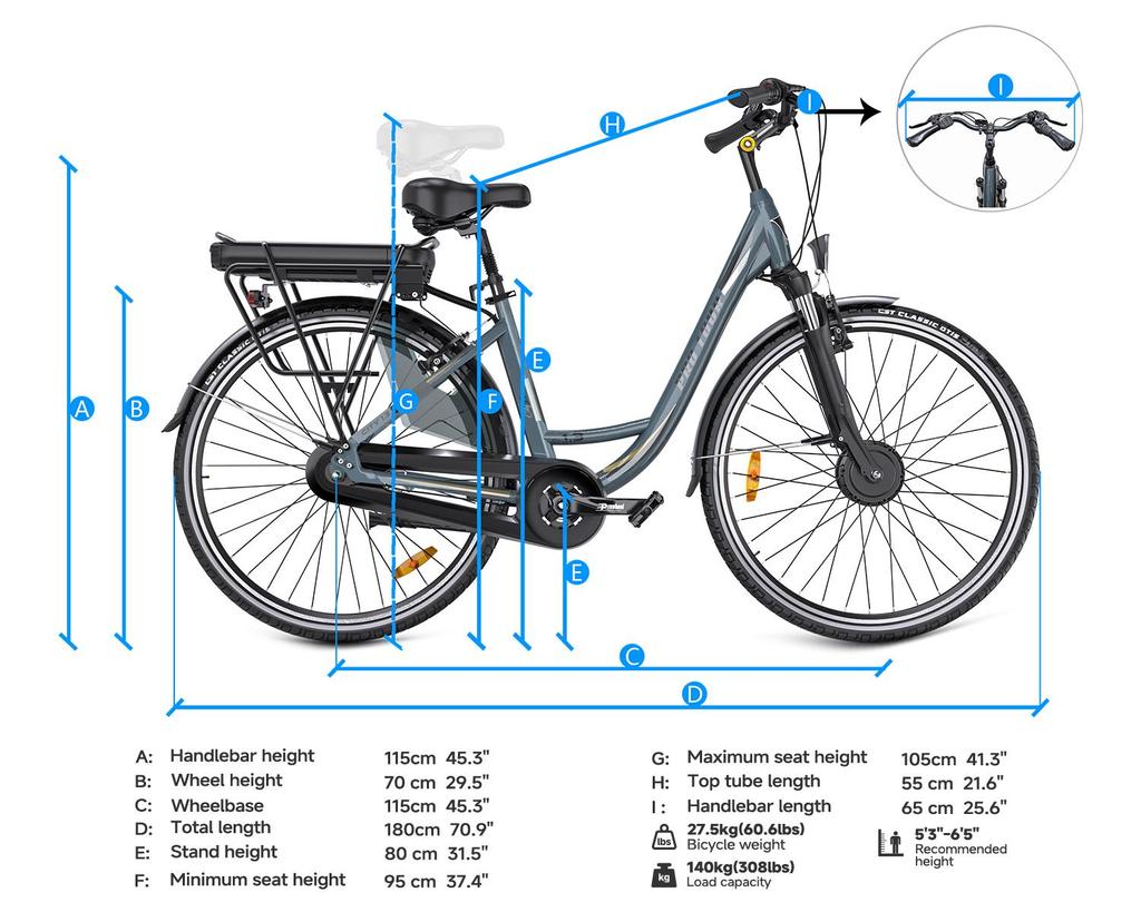 Electric Bike 37V 14Ah 250W City Commuter E-Bike, 700C Tires, Shimano 7-Speed, Front Hub Drive, Aluminum Frame, 45km Range