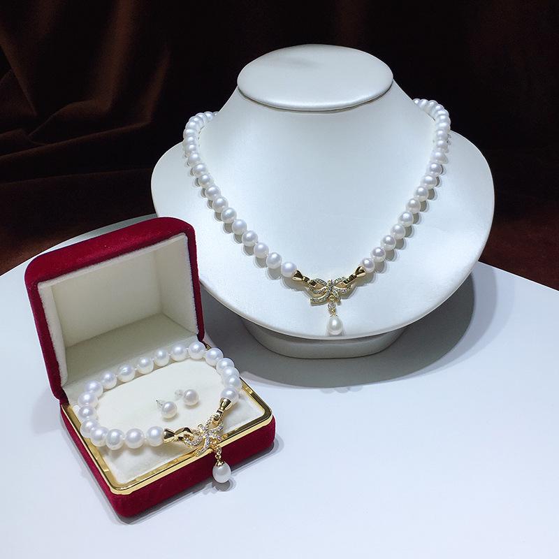 091 Versatile Bow-Design Freshwater Pearl Necklace Set for Women - Multi-Wear Fashion Jewelry