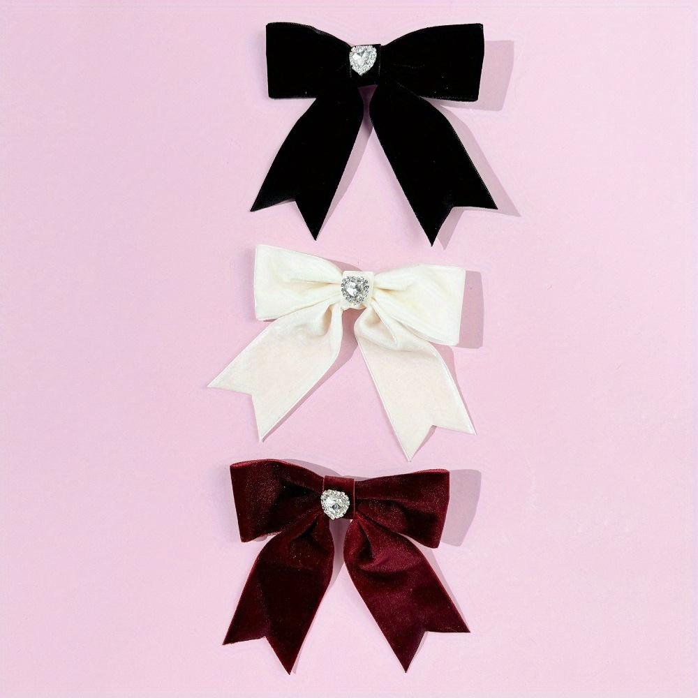 Water Diamond Heart-Shaped Velvet Bow Hair Clip, Sweet Girl Retro Elegant Temperament High-end Hair Accessory
