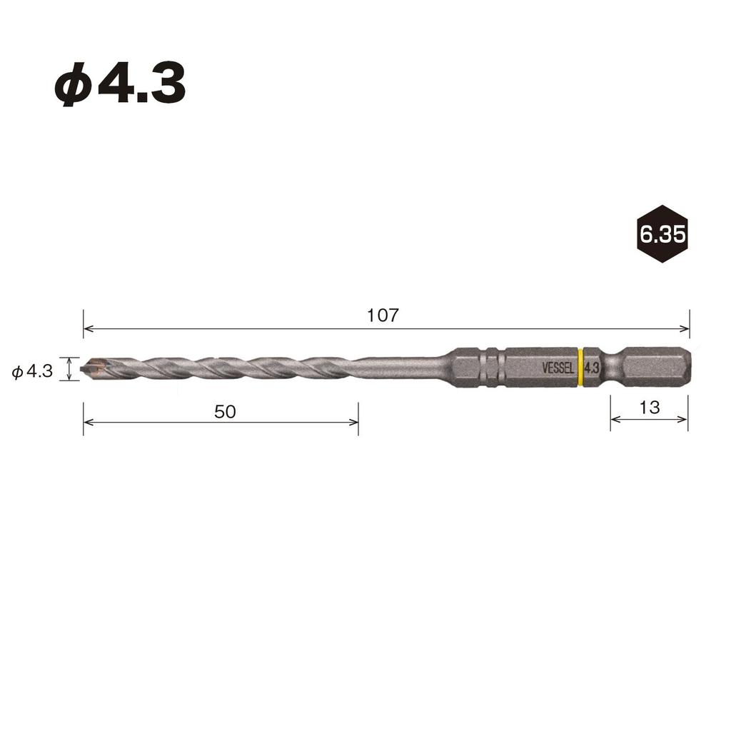 VESSEL Drill Bit Set for Porcelain Tiles, 4.3mm, 3-piece Set, APD3S-4.3