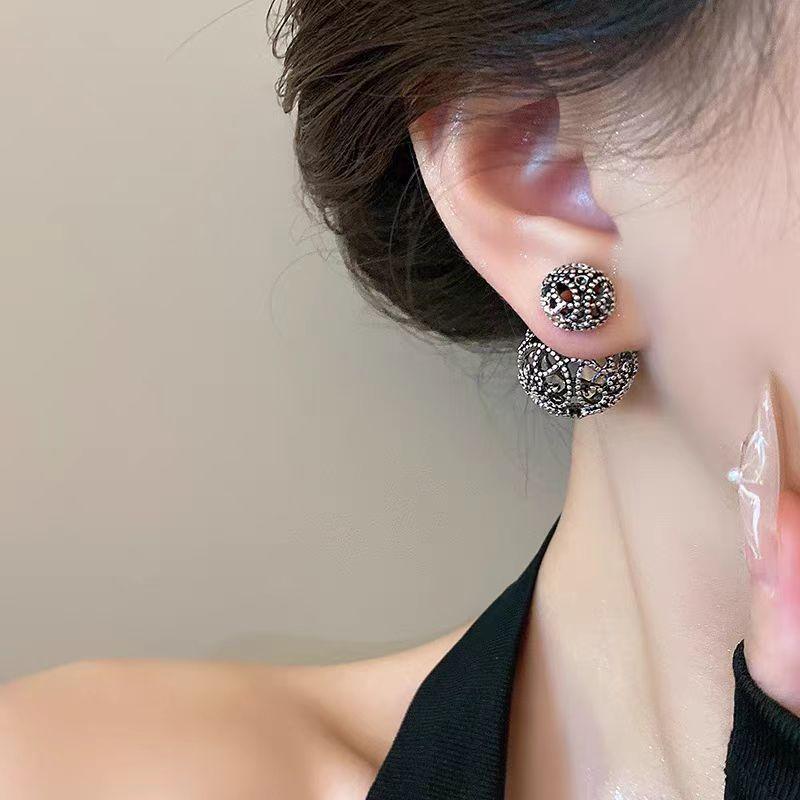 French hollow round front and rear two earrings fashionable versatile high-end stud earrings women's ethnicity temperament ear jewelry