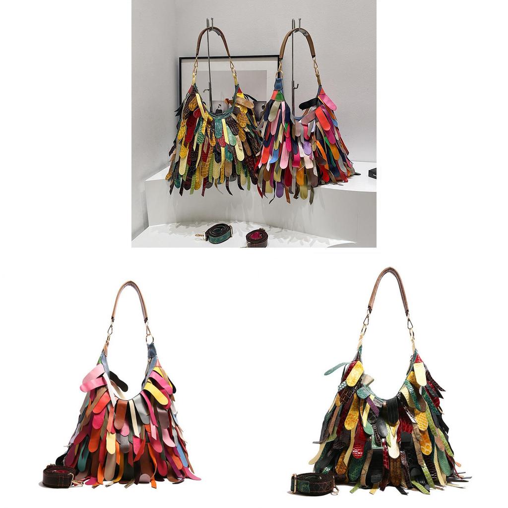 Indian Boho Style Leather Bucket Bag With Tassels And Pouch For Daily Casual Use