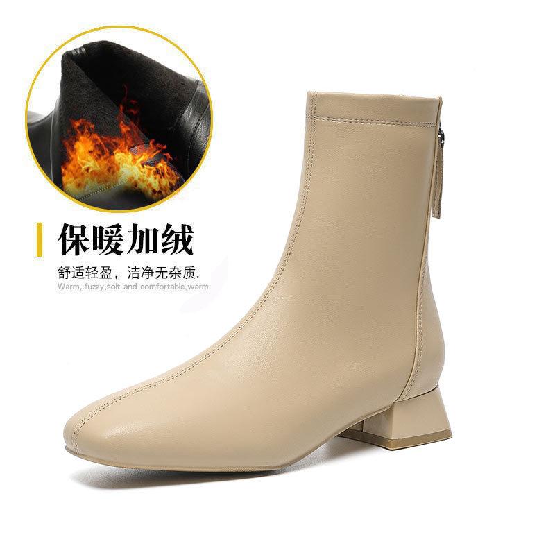 French small short boots women's spring and autumn single boots 2024 new low-heeled medium boots temperament square head thick heel thin boots
