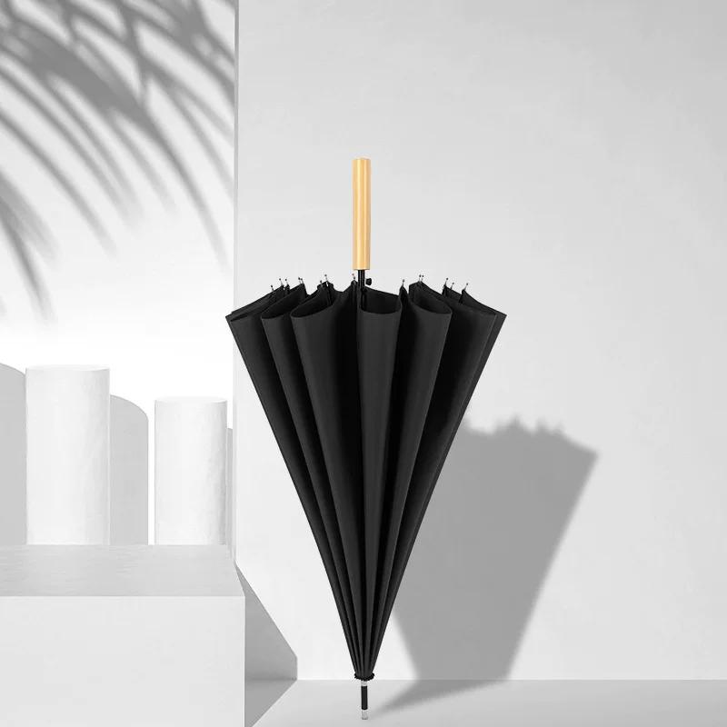 16-Rib Umbrella with Japanese-Style Fresh Design, Leather Handle, Curved Hook, Straight Pole, Large Double-Person Umbrella for Sun and Rain, Gift or