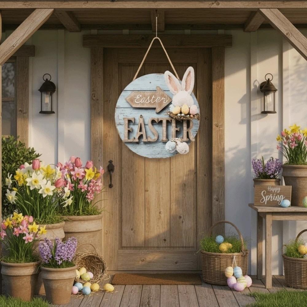 Rabbit Door Hanging Ornaments Egg Easter Day Door Decoration Cafe Wooden Easter Pendant  Doorway