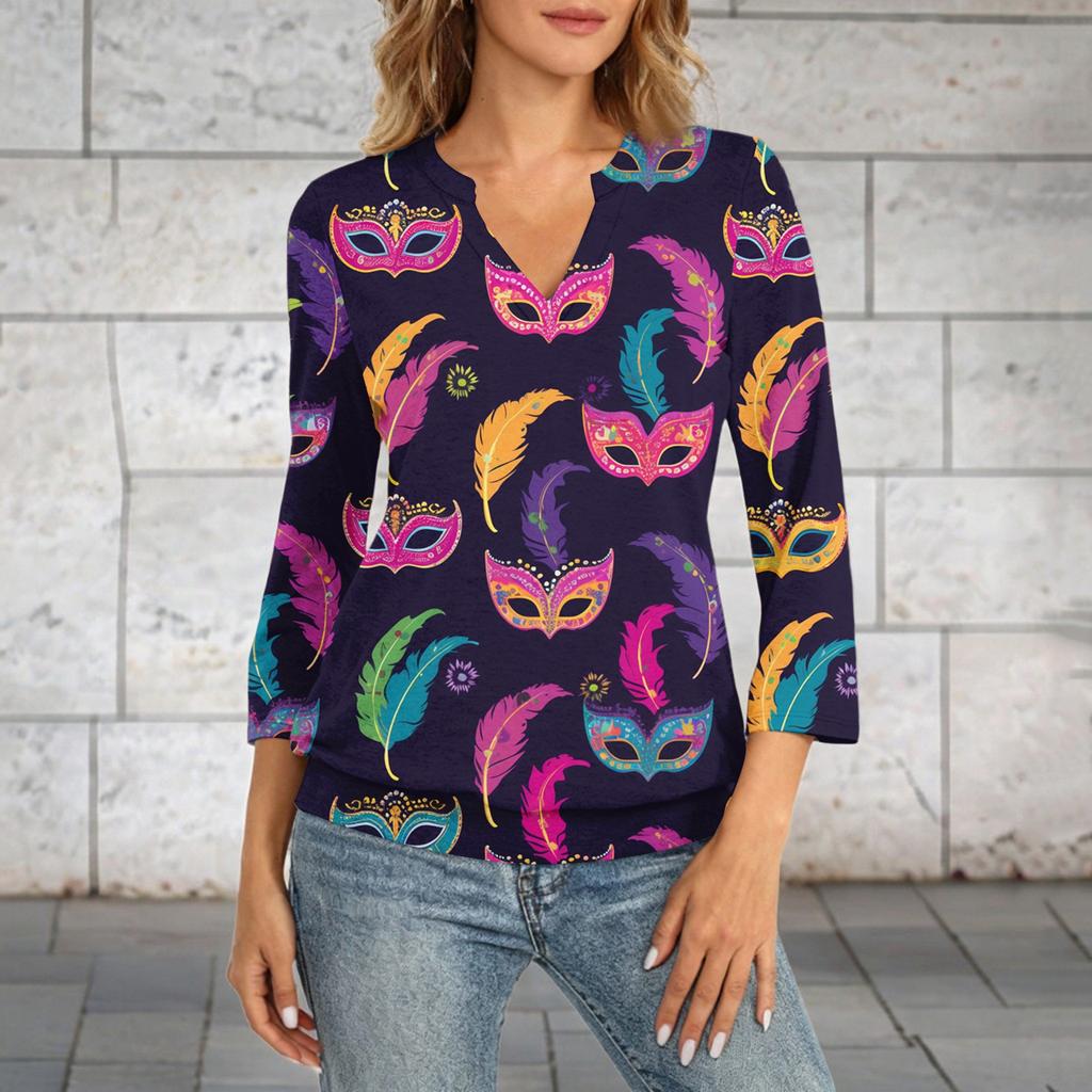 Women's 3/4 Sleeve Top With Cuffed Hem, V-Neck, Summer Casual -Shirt, Carnival Printed Top