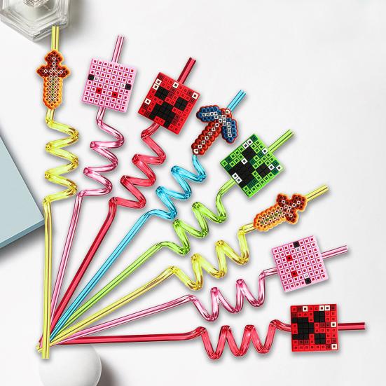 5Pcs Drinking Straws Food Grade BPA Free Smooth Edge Pixel Themed